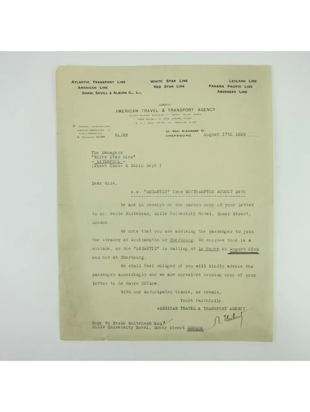 1929 Letterhead American Travel & Transport White Star Lines Perle Whitehead